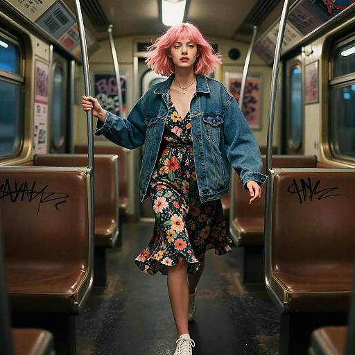 Photograph of a pink-haired woman in a floral dress and denim jacket, standing confidently on a graffiti-covered subway car.