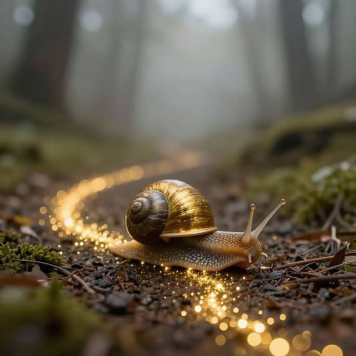 Photograph of a small brown snail with a glossy shell, emitting a trail of glowing golden sparkles, on a mossy forest floor with blurred