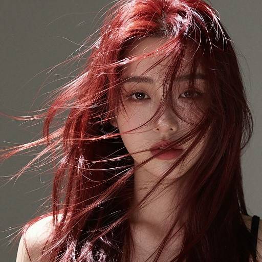 Photograph of a young Asian woman with long, red hair blowing across her face, dark eyes, and a neutral expression, against a gray background.