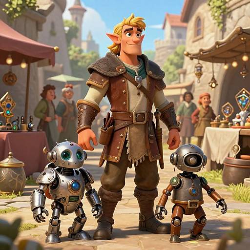 Digital artwork of a tall, blond elf in medieval armor with two small, shiny robot children on a sunlit market street.
