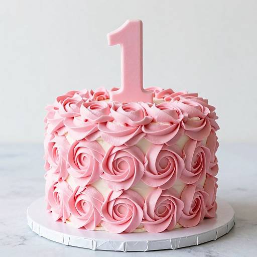 Photograph of a round pink rose-piped cake with a white number 