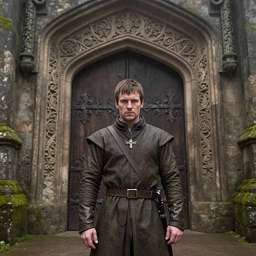 Photograph of a serious man in medieval black leather armor with a cross pendant, standing before a Gothic stone door with intricate carvings.