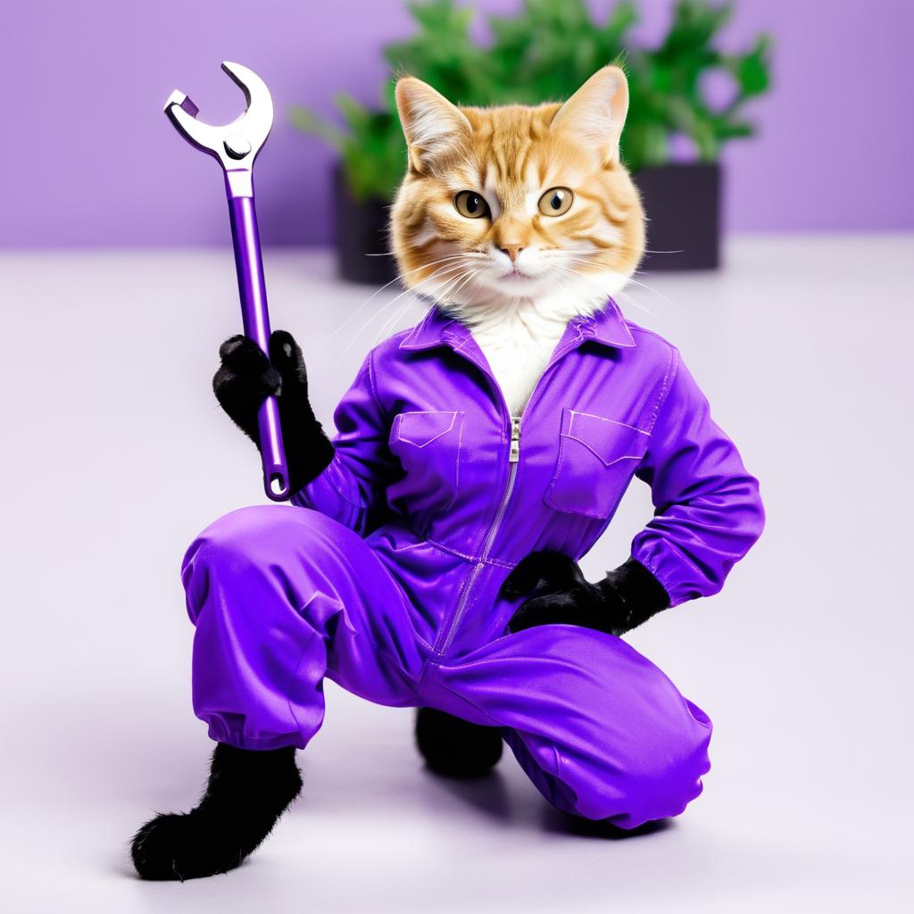 Adorable Cat in Purple Jumpsuit with Wrench