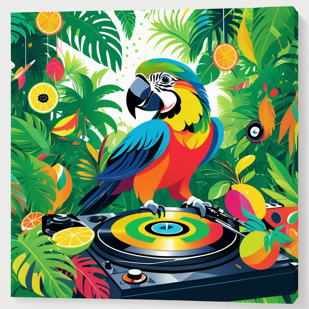 Vibrant Jungle Party with Parrots and Fruits