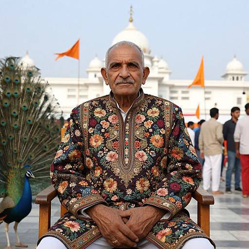 Photograph of an elderly Indian man with a bald head, wearing an intricately embroidered floral traditional outfit, seated outdoors with a peacock to the left