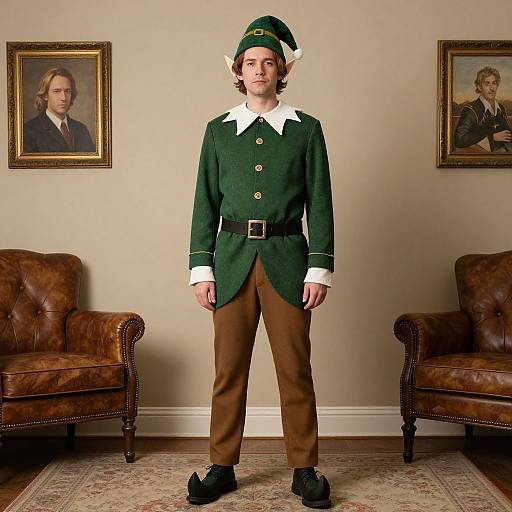 Photograph of a young man in a green elf costume with white collar, brown pants, black shoes, standing between two brown leather chairs, with two