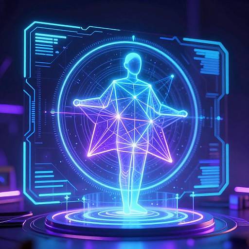 Neon-lit CGI hologram of a human figure centered in a glowing blue, circular geometric frame with a star pattern, set against a dark,