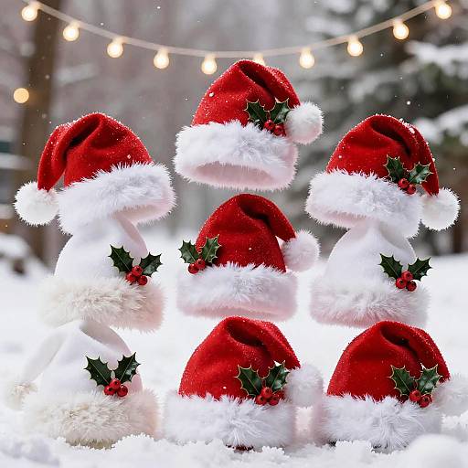 Photograph of seven white, fluffy snowmen wearing red Santa hats with holly, set against a snowy, string-lit winter background.