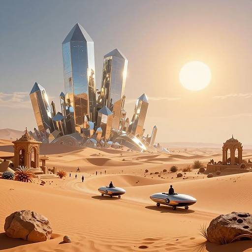 CGI desert landscape with futuristic, mirrored skyscrapers, sunlit orange sand, two flying saucers, small figures, and ancient stone structures