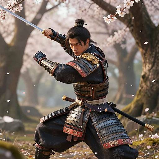 Digital art of a samurai with dark hair in a topknot, wearing black armor, holding a sword, in a cherry blossom forest. Dynamic
