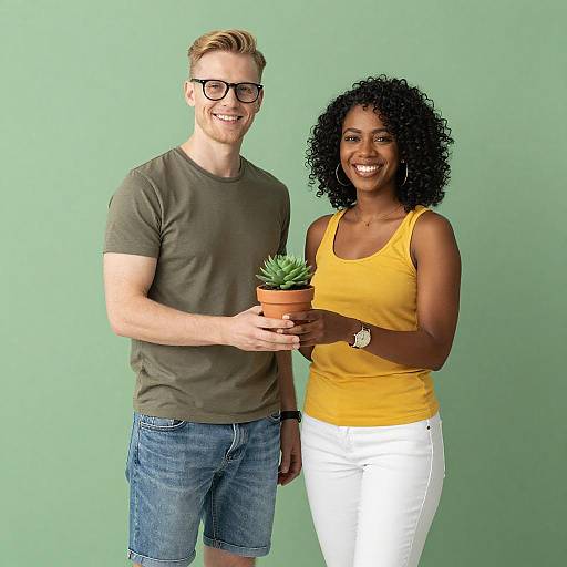 Photograph of a smiling Caucasian man with blonde hair and glasses, wearing a gray t-shirt and blue shorts, holding a potted succulent next to