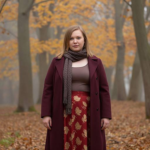 Photograph of a plus-size woman with light brown hair, wearing a dark maroon coat, gray scarf, brown top, and red skirt with gold