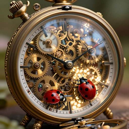 Photograph of a detailed, steampunk-style brass pocket watch with intricate gold gears, black hands, and two red ladybugs on the glass face