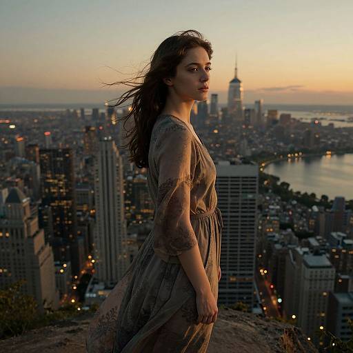 Photograph of a brunette woman with flowing hair in a sheer, lace dress, standing on a rooftop at sunset, overlooking a cityscape with the Empire