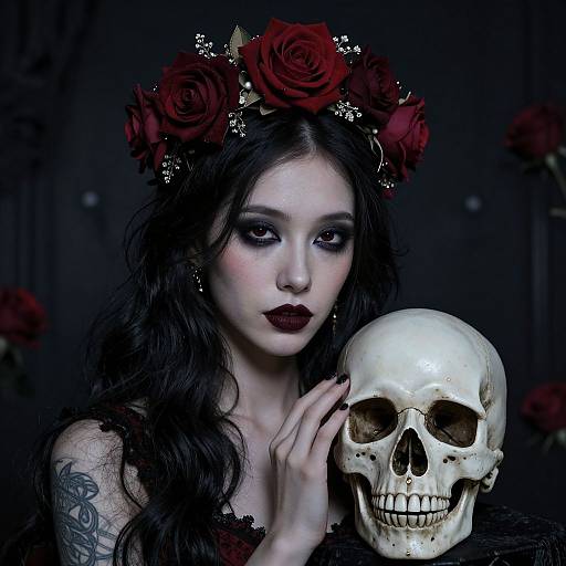 Gothic portrait of pale woman with dark hair, red roses crown, dark lipstick, tattooed arm, holding a white skull, dark background.