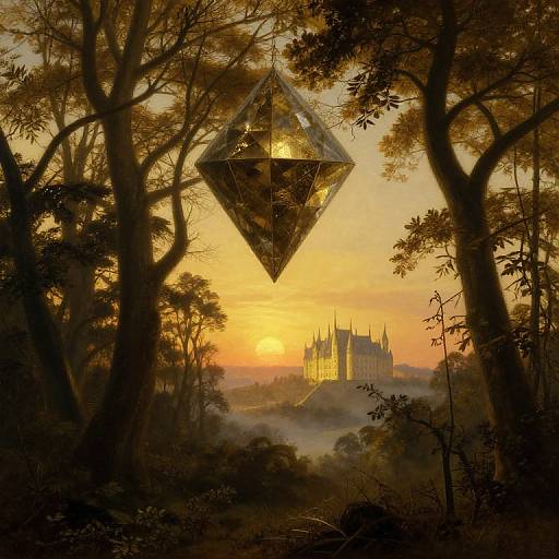 Digital fantasy artwork of a golden sunrise over a mystical castle, framed by trees, with a hanging geometric crystal in the foreground.