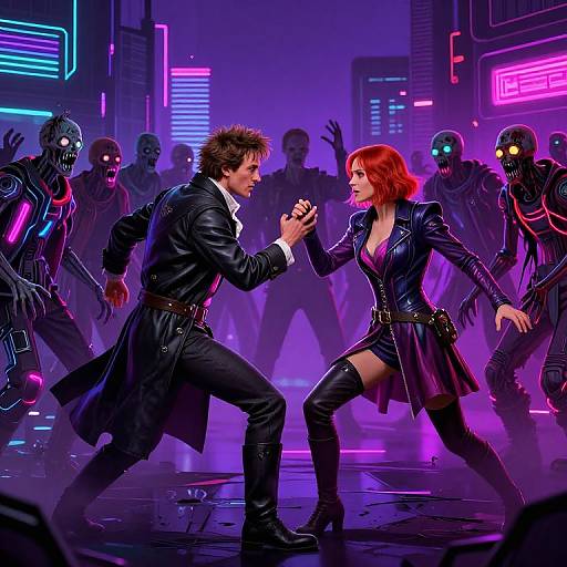 Digital artwork: Neon-lit scene with a redheaded woman and a dark-haired man in leather fighting undead zombies, surrounded by glowing neon signs and vibrant