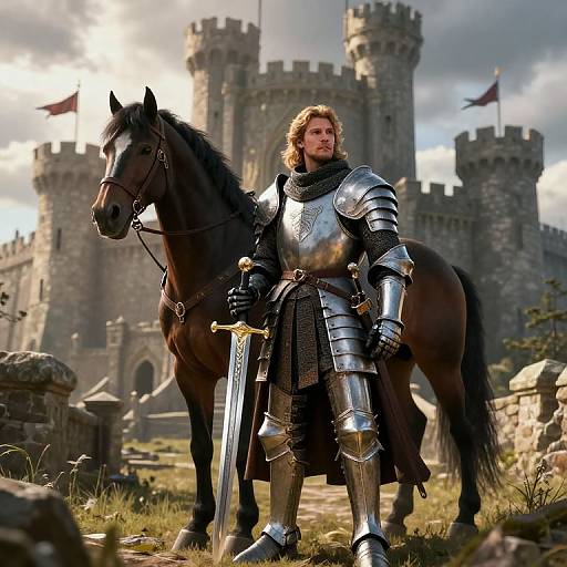 Photograph-style CGI: Medieval knight with long blonde hair, full armor, and sword stands confidently beside a dark brown horse in front of a grand stone