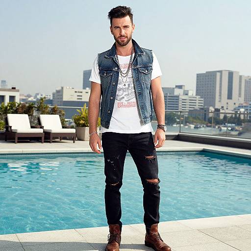 Photograph of a bearded man with dark hair, wearing a denim vest, white t-shirt, black ripped jeans, brown boots, standing by a