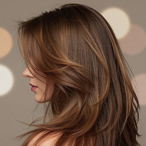 Side profile photograph of a woman with long, layered, brown hair with blonde highlights, softly blurred bokeh background, neutral grey tones.