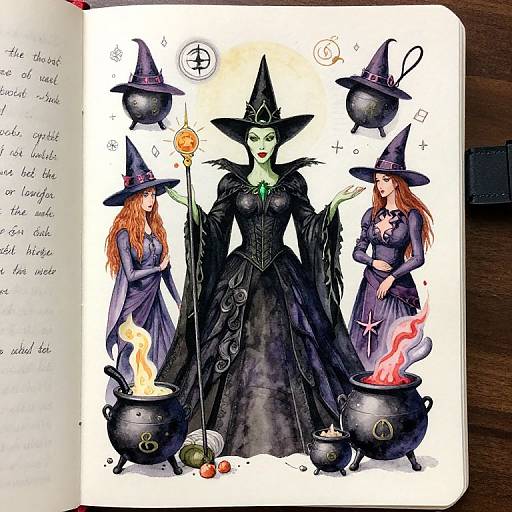 Colorful drawing of three witches in black dresses and hats, with cauldrons, potions, and magical symbols, in an open sketchbook.