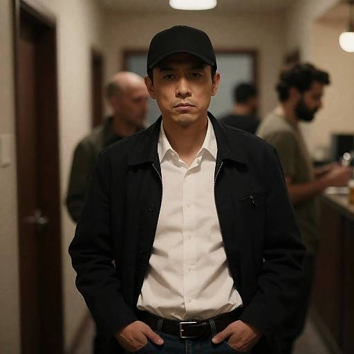 Man in Black Cap Standing in Dim Hallway