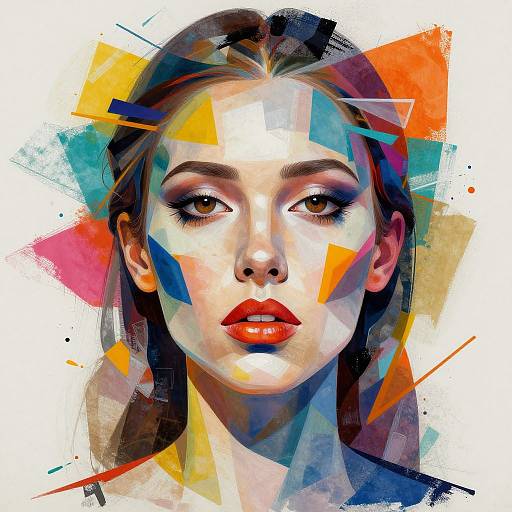 Digital portrait of a woman with striking red lips, brown eyes, and long dark hair, surrounded by vibrant geometric abstract shapes in colors like orange, blue