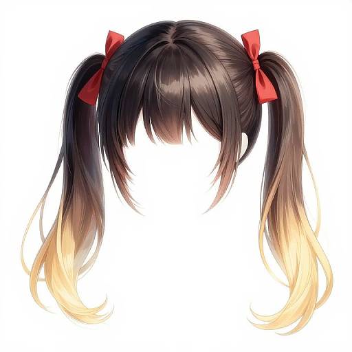 Digital anime-style illustration of a girl's black hair with red bows, long twin tails, and ombre tips transitioning to blonde.