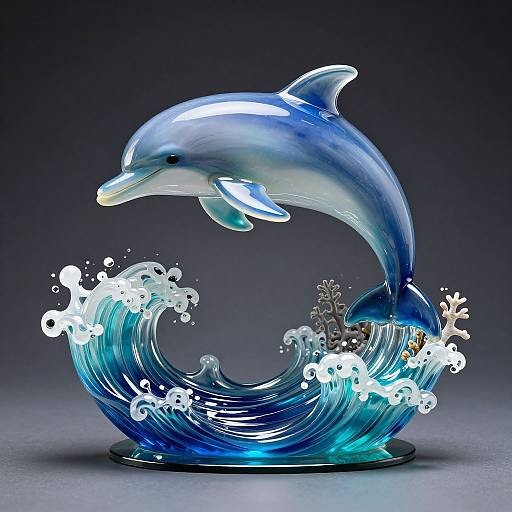 Glass sculpture of a blue dolphin leaping through a dynamic, translucent wave, with white splashes, set against a dark gradient background.