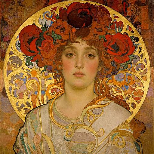 Art Nouveau-style portrait of a young woman with fair skin, red curly hair adorned with large red flowers, golden circular halo, and intricate floral patterns