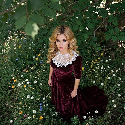 Photograph of a blonde woman with curled hair in a dark burgundy velvet dress with white lace collar, standing in a vibrant, wildflower-filled garden