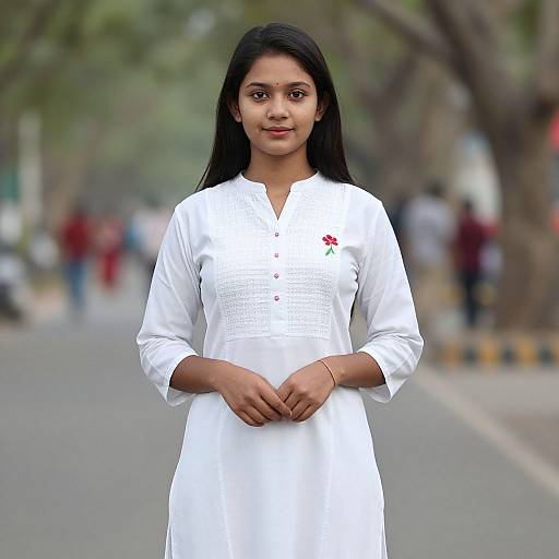 Photograph of a young Indian woman with straight black hair, medium brown skin, wearing a white traditional long kurta with a red flower embroidery, standing