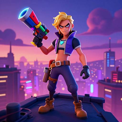 CGI cartoon of a blonde, muscular man with blue eyes, wearing a blue vest, gloves, and brown boots, holding a colorful laser gun on