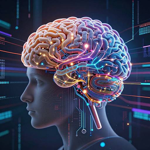 Digital CGI of a human head in profile, glowing neon brain with circuitry, wires, and colorful lights, set against a dark, tech-themed background