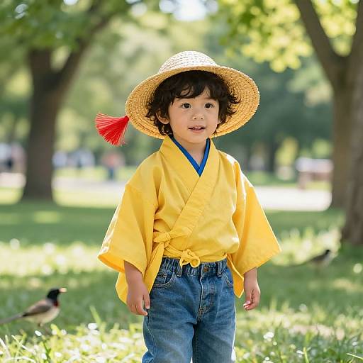 Boy in Vibrant Kimono at Park