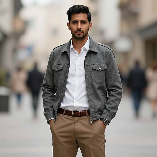 Photograph of a handsome South Asian man with dark hair and beard, wearing a gray denim jacket, white shirt, and tan pants, standing confidently in