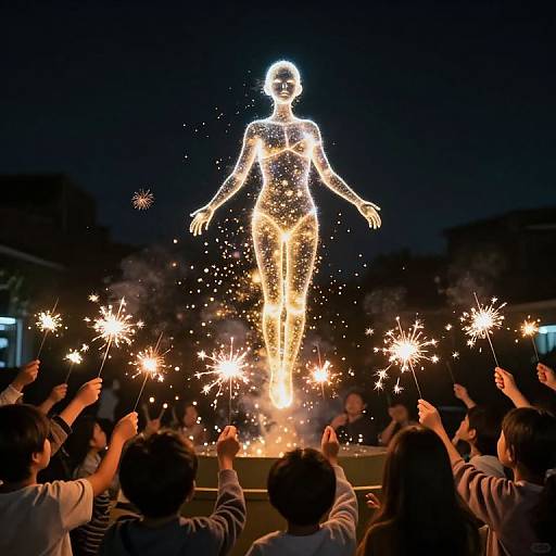 Photograph of a glowing, wireframe female silhouette hovering above a crowd, surrounded by sparklers, at a nighttime celebration.