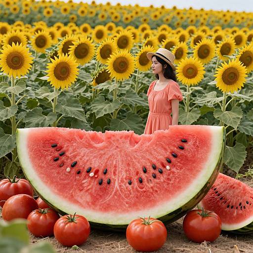 Woman Among Surreal Oversized Watermelons