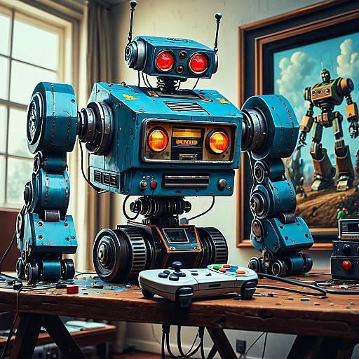 Retro Robot with Game Controller in Workshop