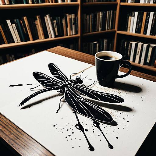 Ink Spill Shaped Like Dragonfly with Coffee Cup