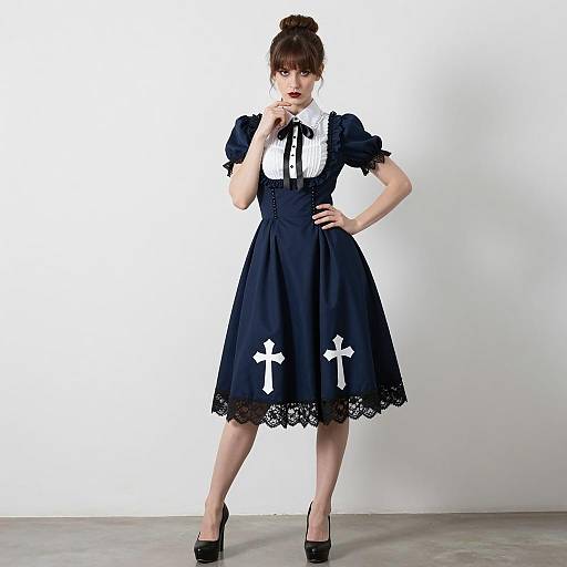 Woman in Gothic Dark Blue Dress with White Crosses