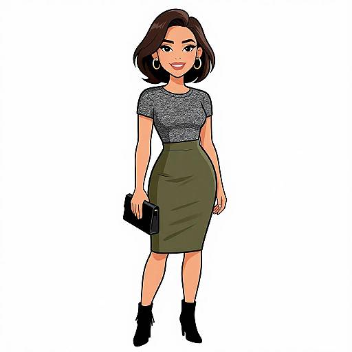 Digital illustration of a smiling woman with short brown hair, wearing a gray speckled top, olive green pencil skirt, black ankle boots, and holding