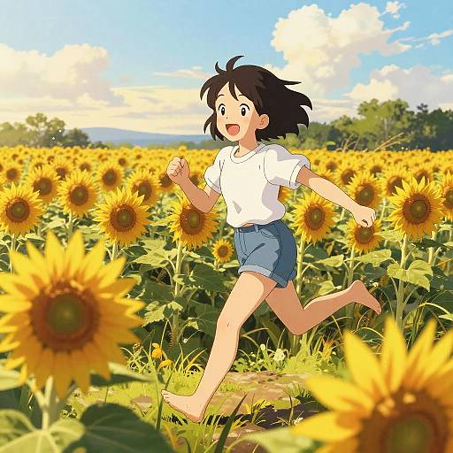 Joyful Barefoot Run in Sunflowers