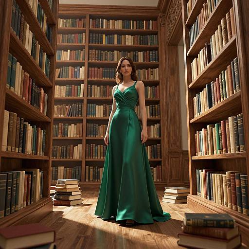 Photograph of a brunette woman in a green satin gown standing in a sunlit, wooden library with tall bookshelves and scattered books.