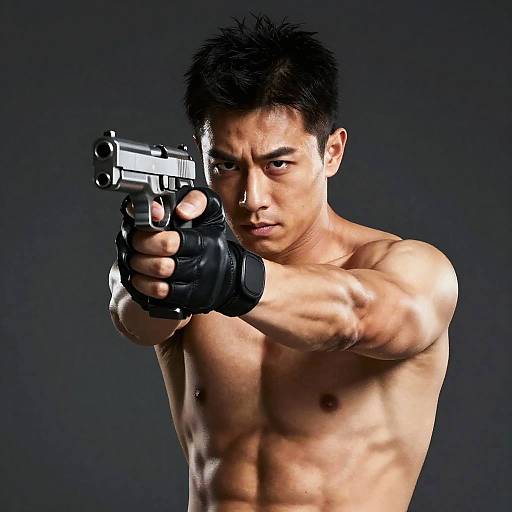 Muscular Man Aiming Silver Handgun
