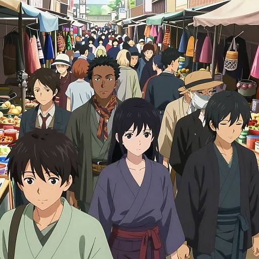 Digital anime-style drawing of a crowded outdoor market with diverse characters in traditional Japanese clothing, colorful stalls, and hanging items.
