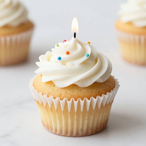 Photograph of a cupcake with white swirled frosting, colorful sprinkles, and a lit candle, in a white paper liner.