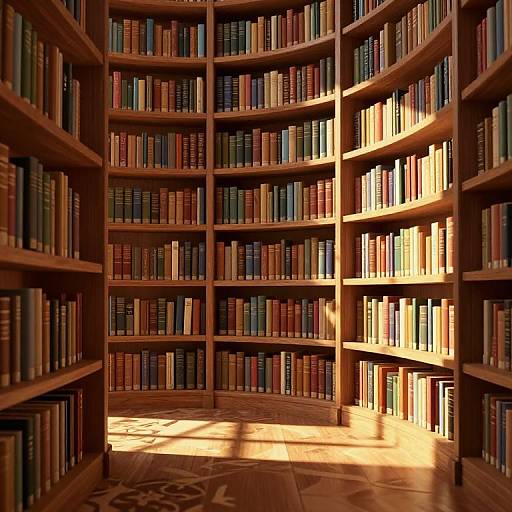 Photograph of a sunlit library with tall wooden bookshelves filled with colorful books, casting shadows on a patterned floor.