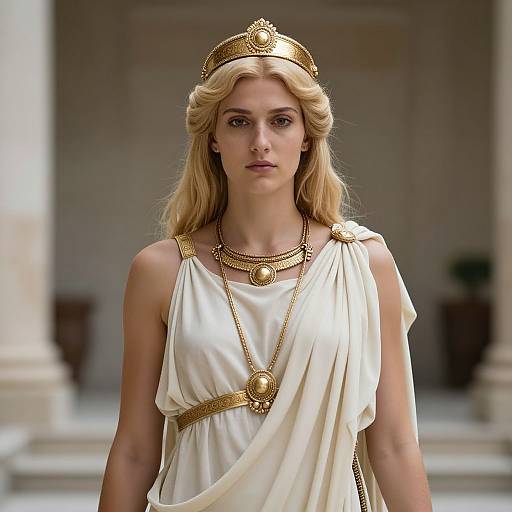 Photograph of a blonde woman with long, wavy hair, wearing a gold crown, white toga, and gold jewelry, standing in an ancient