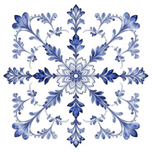 Digital drawing of intricate blue floral mandala pattern, symmetrical design with detailed leaves and petals, set against a white background.